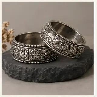 Pahadi Himalayan Engraved Bangle Pair - Silver Tone