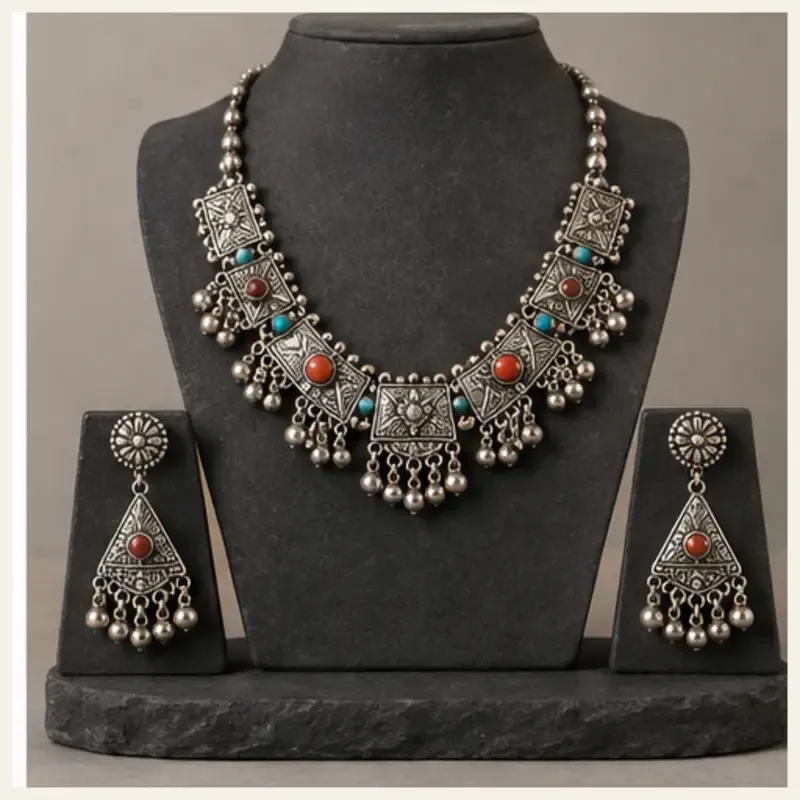 Pahadi Kinnauri Necklace and Earring Set - Silver Tone