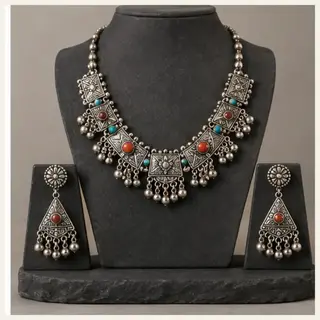 Pahadi Kinnauri Necklace and Earring Set - Silver Tone