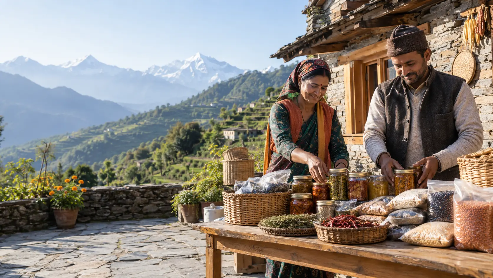 Hill-region producers preparing local products in a Himalayan village
