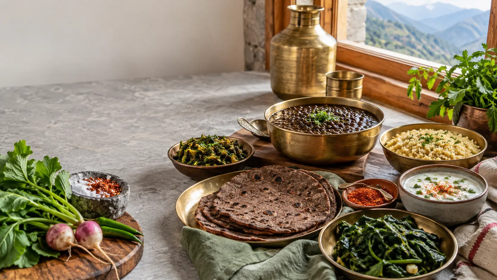 Traditional hill dishes arranged in a Himalayan kitchen